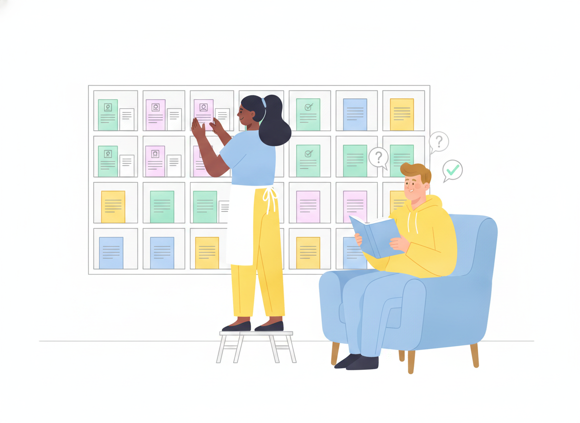 A support team member arranging labeled answer cards on a wall of organized shelves while a customer reads a guide nearby