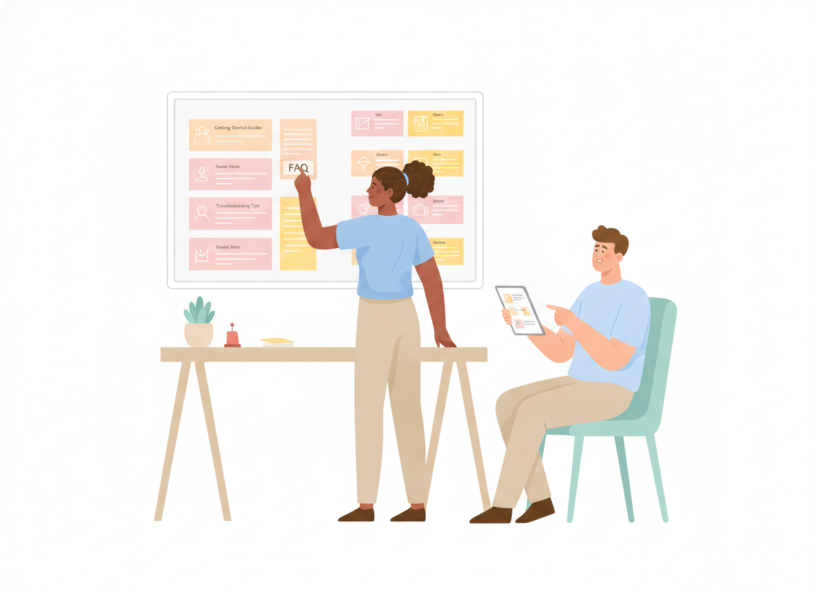 A support team member organizing labeled help articles on a board while a customer reads a guide on a tablet nearby