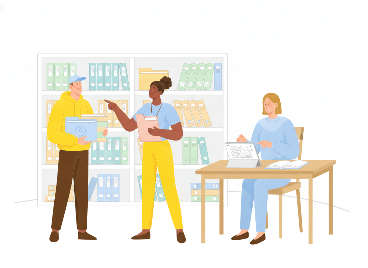 A support and documentation team organizing labeled help articles on shelves while a customer reads a step-by-step guide at a desk