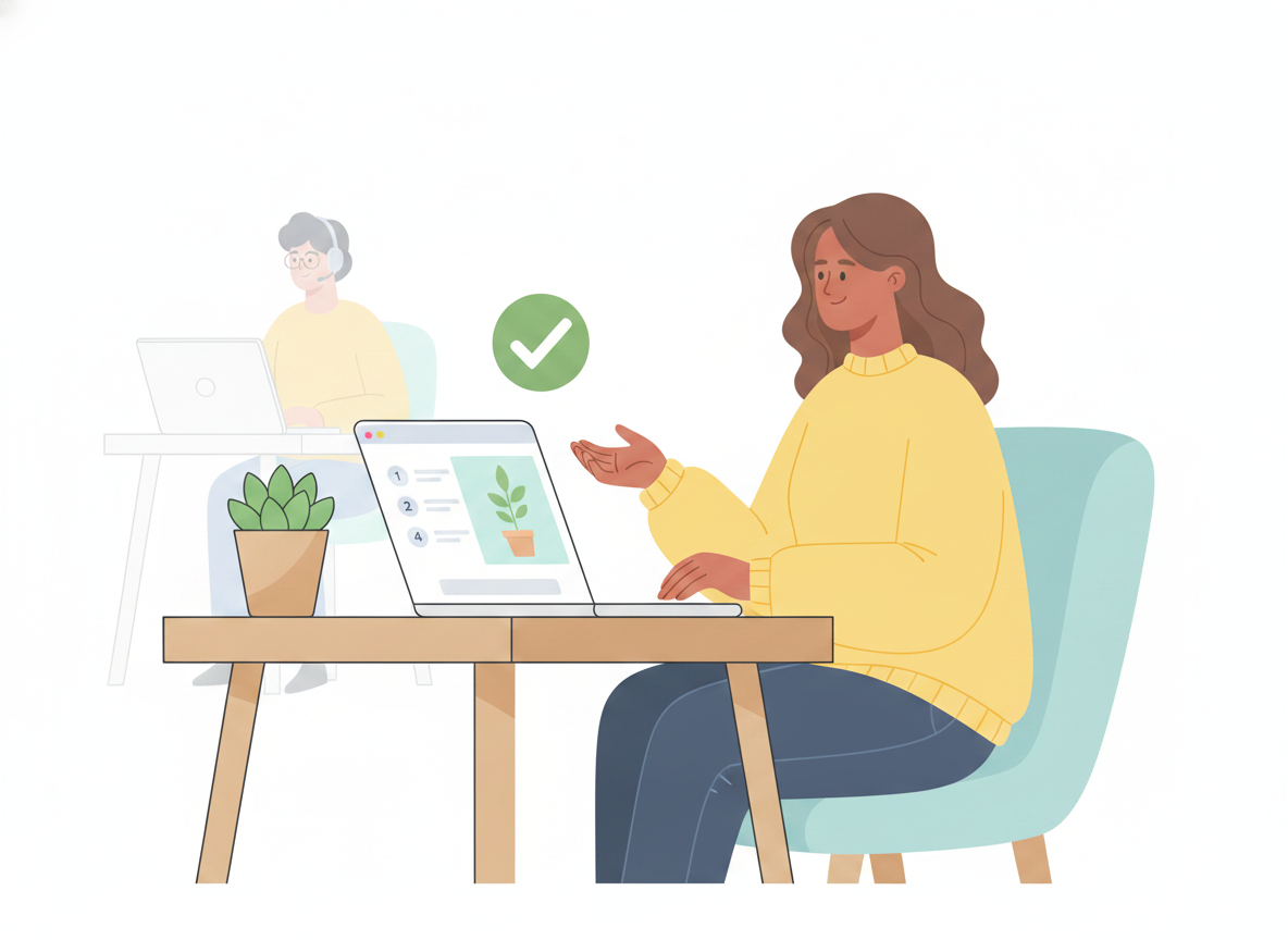 A person following a numbered, illustrated how-to guide on a laptop and successfully completing a task, with a checkmark, while a support agent works nearby