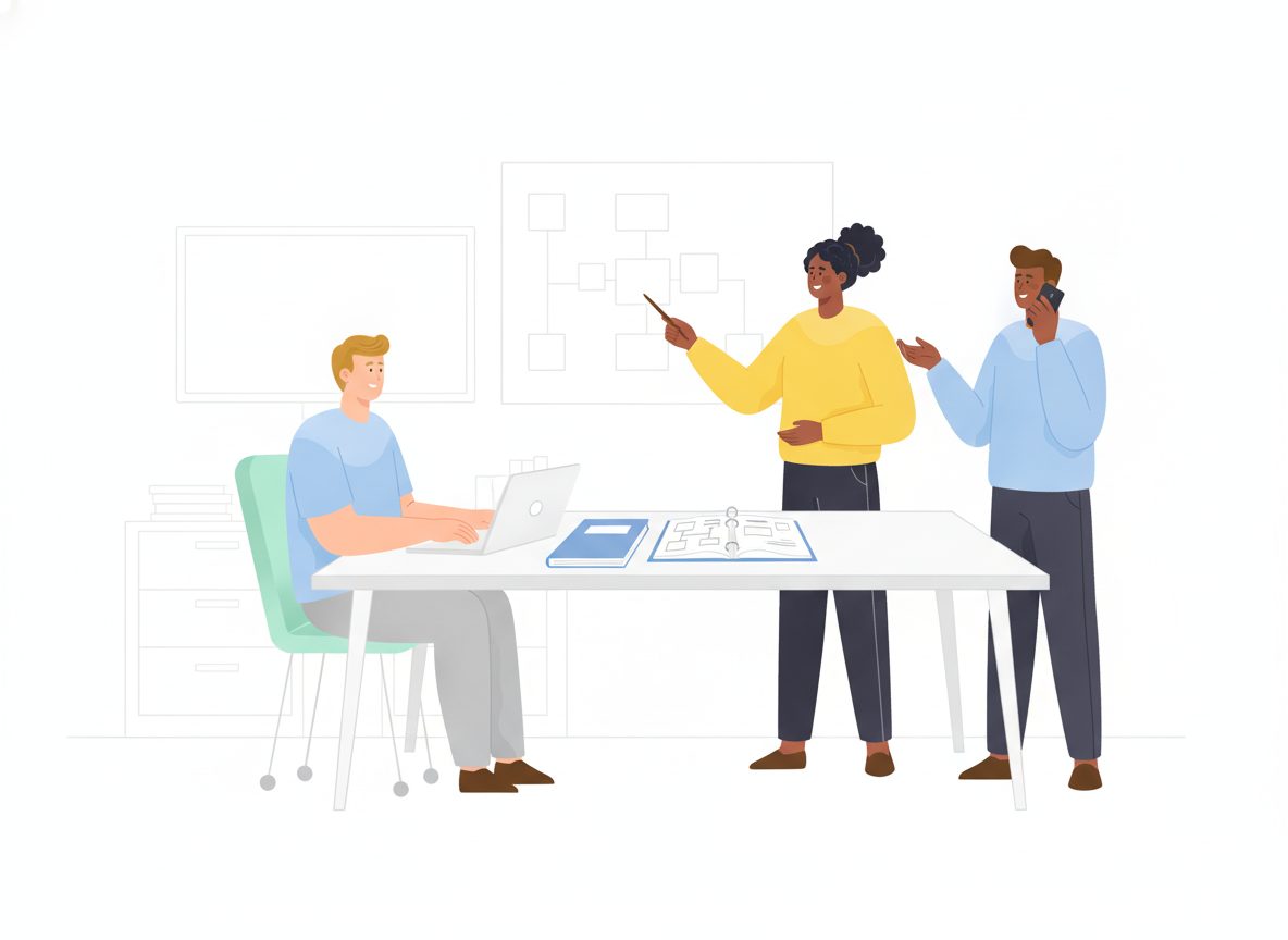 An IT team reviewing a disaster recovery plan binder at a table while one colleague points to a system diagram on the wall and another takes a call