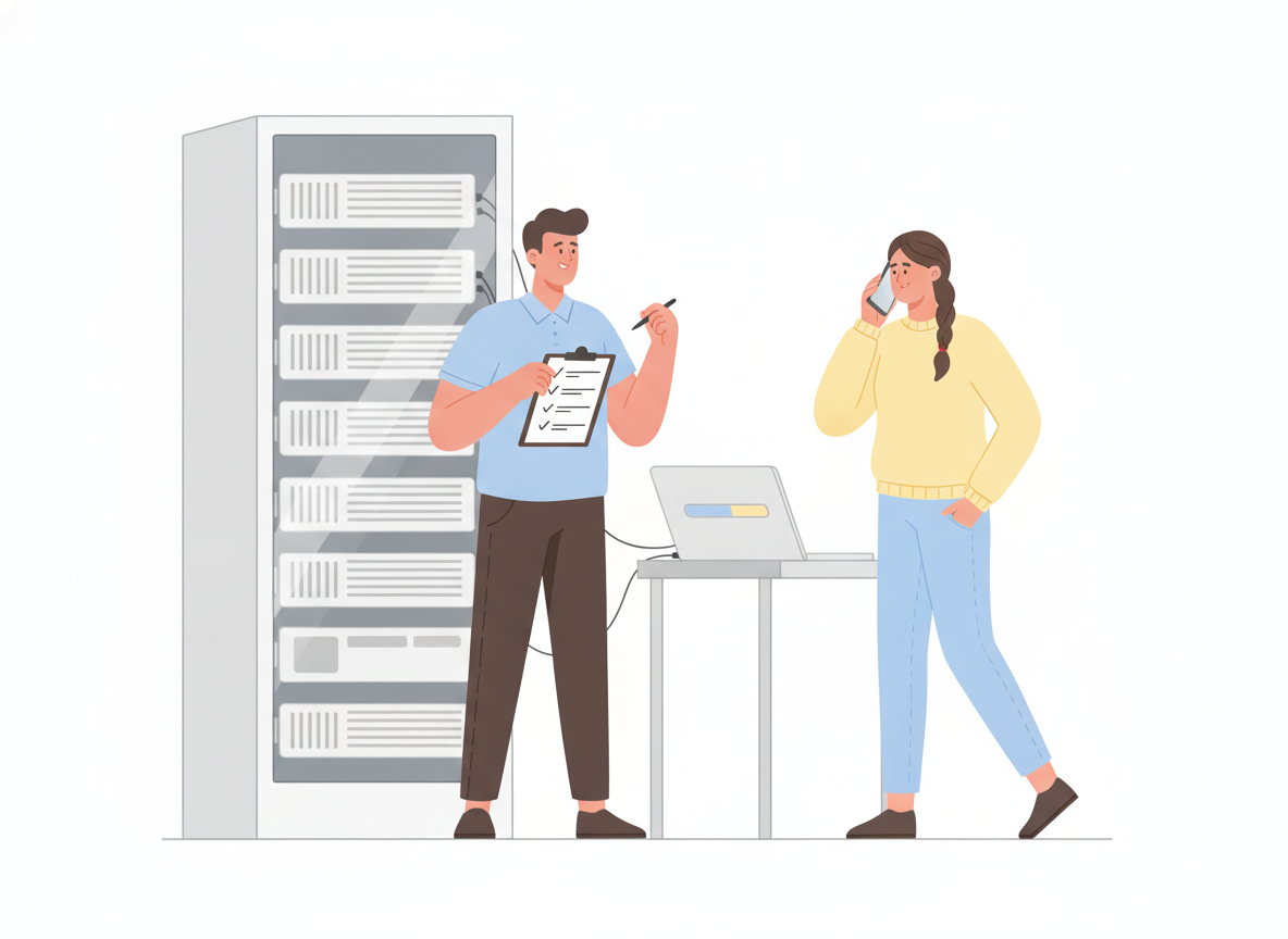 A systems administrator checking off recovery steps on a clipboard beside a server rack while a colleague on the phone watches a restore progress bar