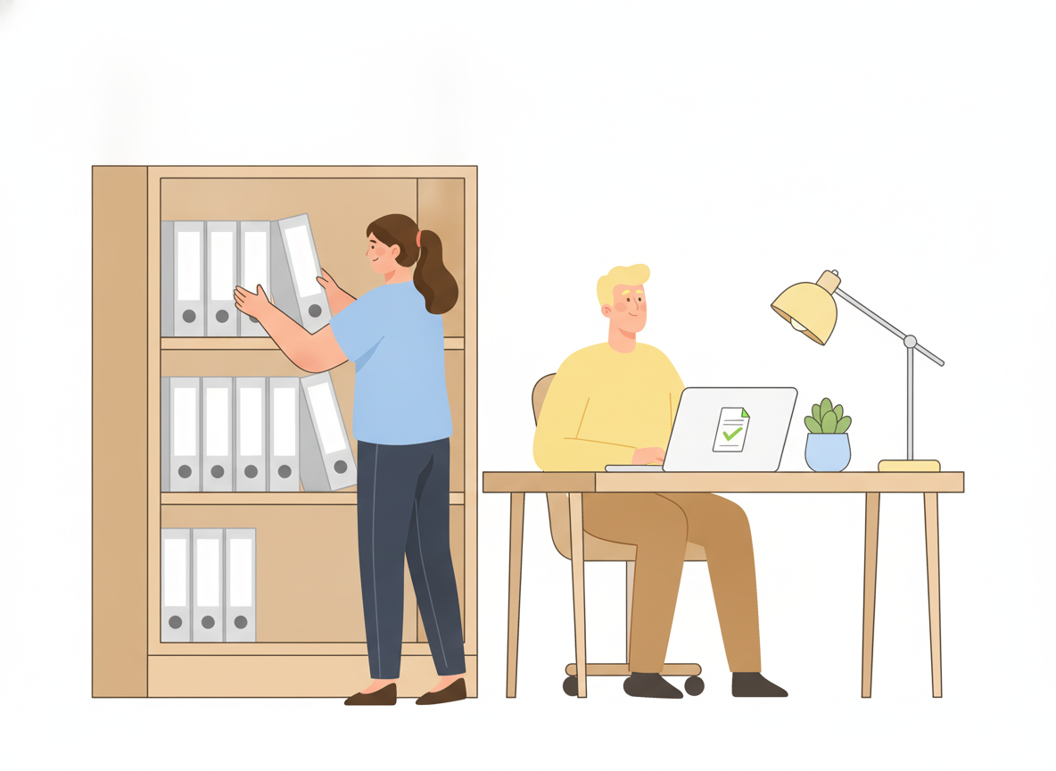 A team member files an approved procedure binder on a shelf while a colleague checks the latest version on a laptop