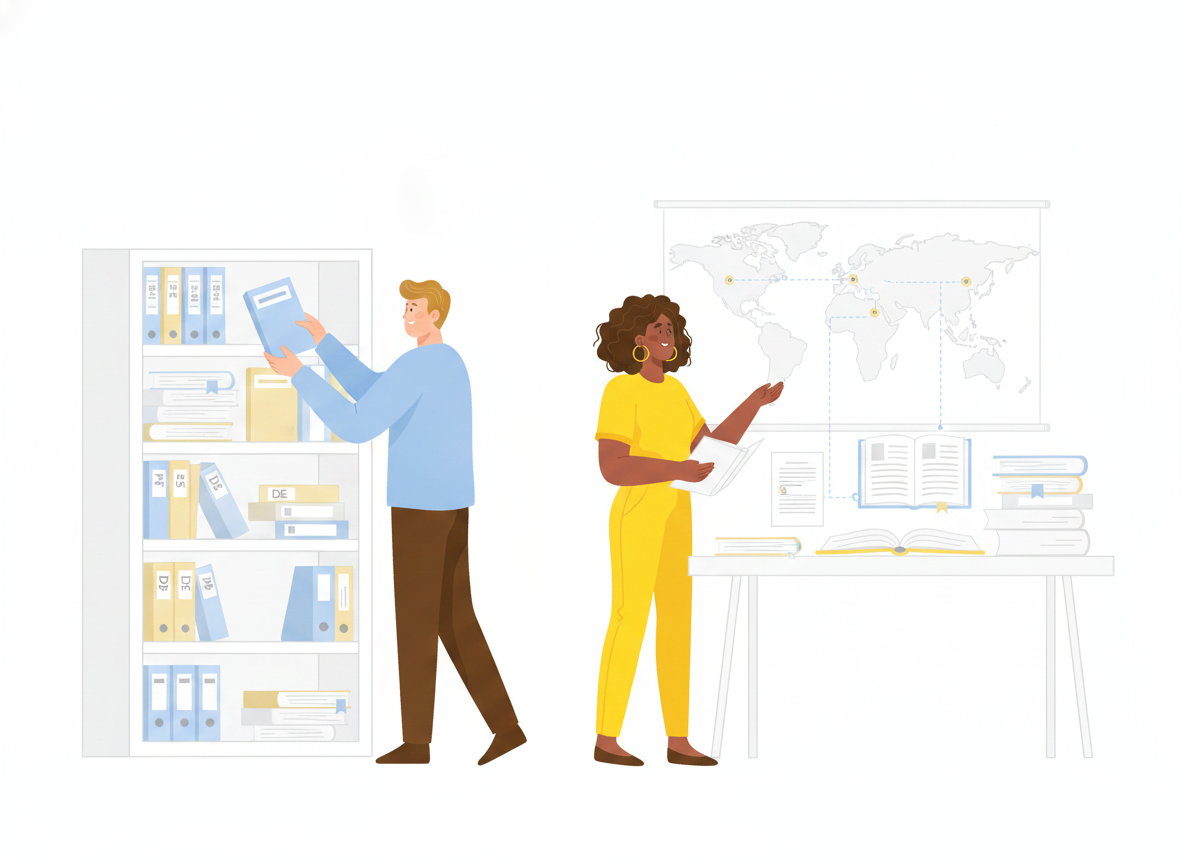 Two coworkers preparing documentation for many languages, one arranging labeled manual folders on a shelf and the other at a world map connected to books and papers
