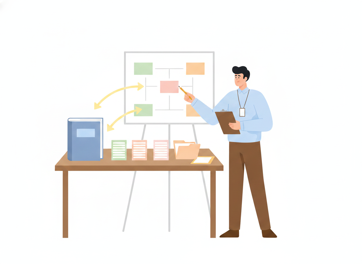 A person at a planning board where one source manual branches by arrows into several translated document versions stacked on a desk