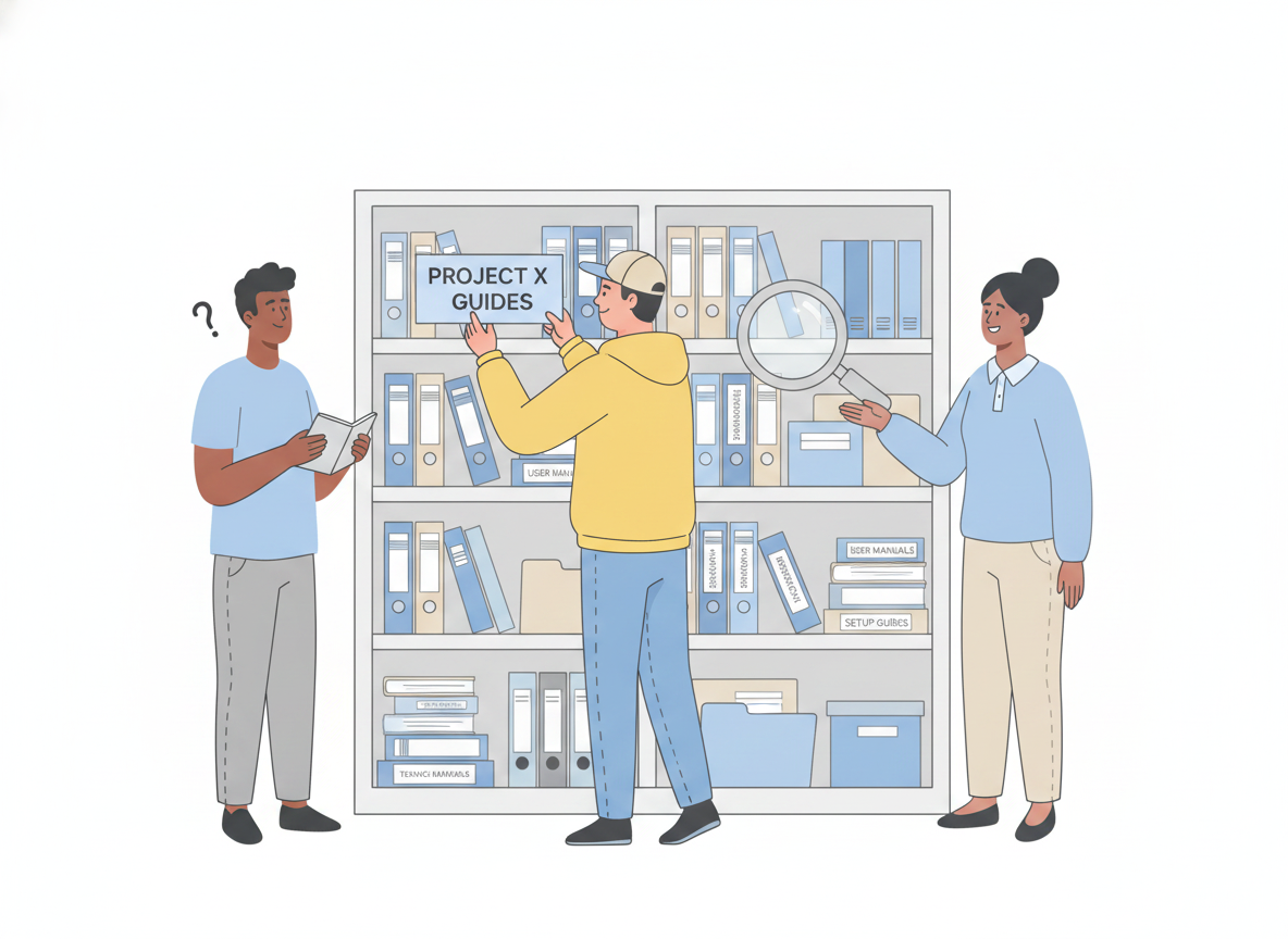 A support team pinning labeled signposts and a magnifying glass over neatly arranged shelves of manuals, helping a visitor find the right guide