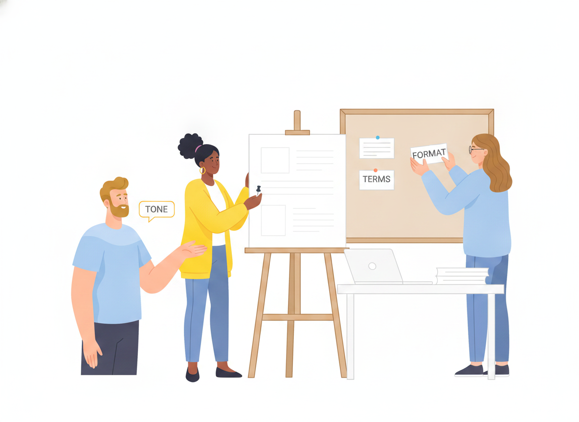 A small documentation team gathered around a large shared rulebook, pinning labeled cards for tone, terms, and formatting onto a board