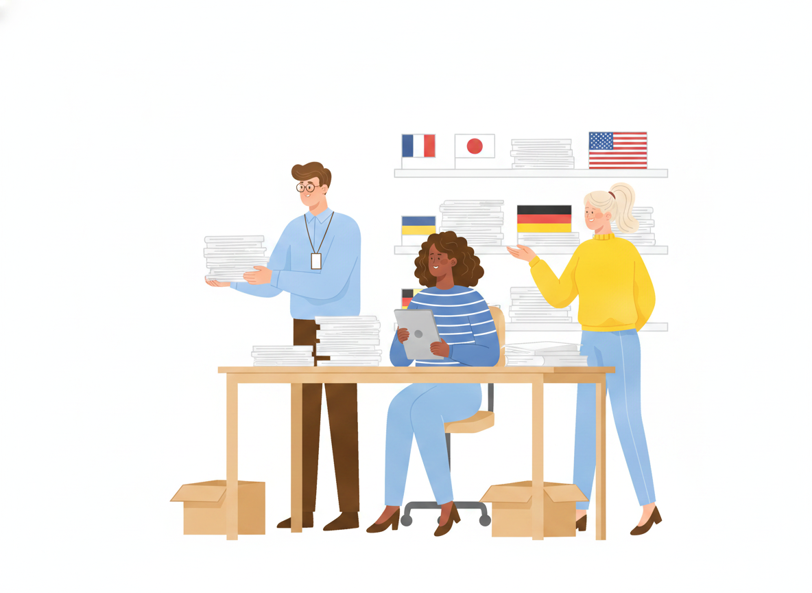 A support team gathered around a desk, sorting product manuals into labeled shelves marked with different country flags while one teammate reads on a tablet