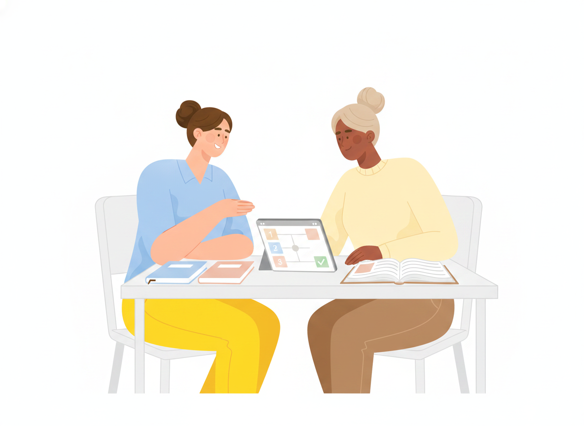 A support lead and a customer sitting together, following a step-by-step guide on a tablet until a checkmark appears