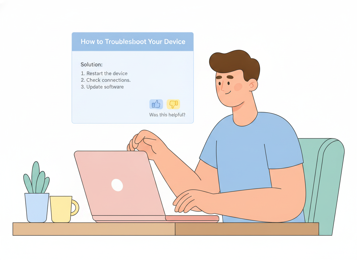 A person searching a help center on a laptop and reaching a clear, structured answer with steps and a helpful-or-not feedback prompt