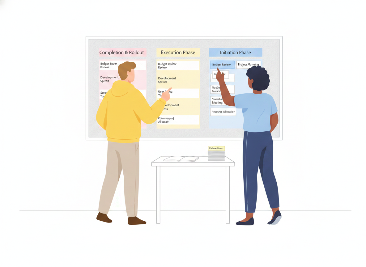 A person arranging article cards into a few clearly labeled category columns on a wall while a colleague points at one column