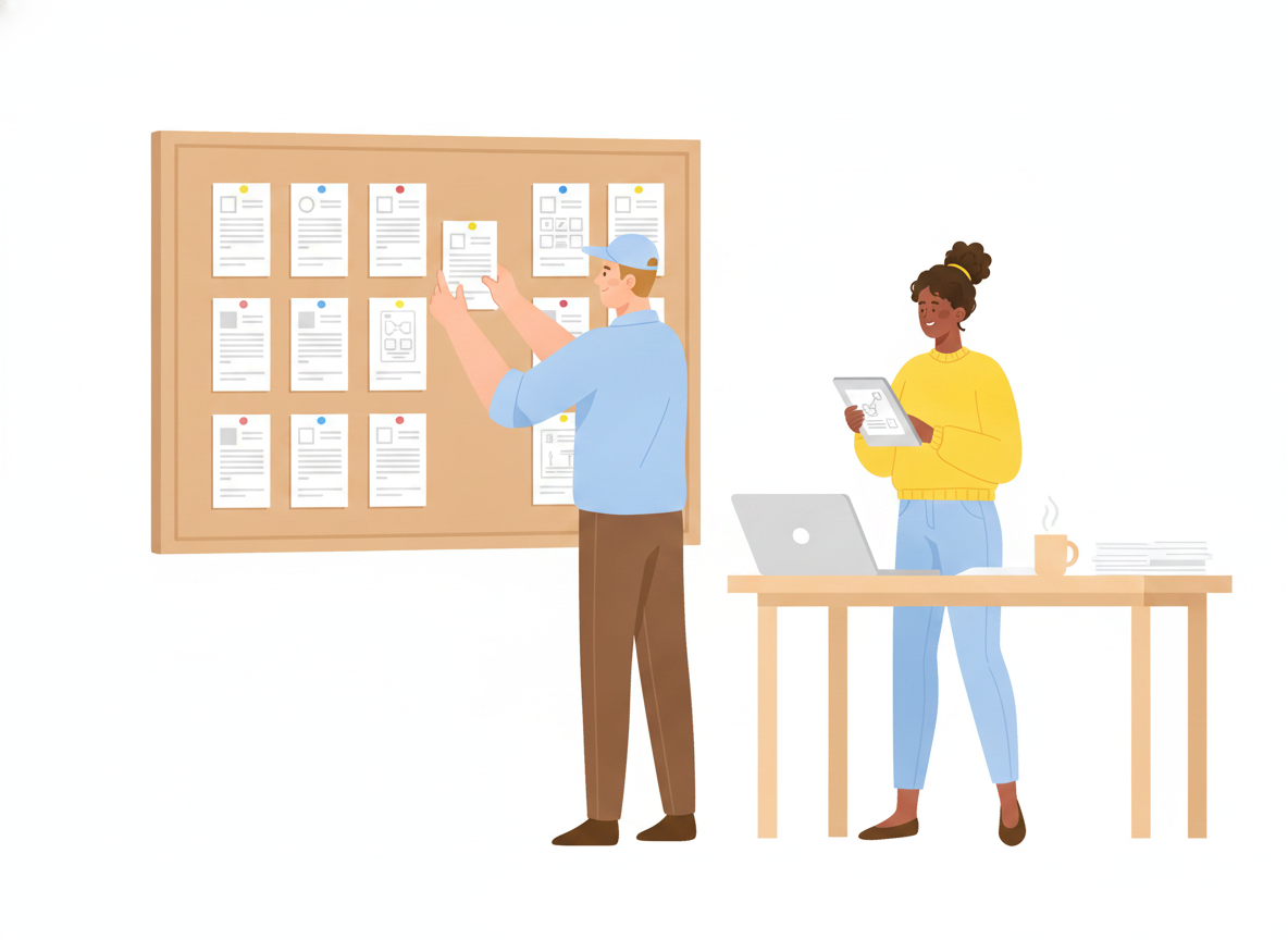 A person arranging labeled step cards on a wall while a colleague follows the steps on a tablet