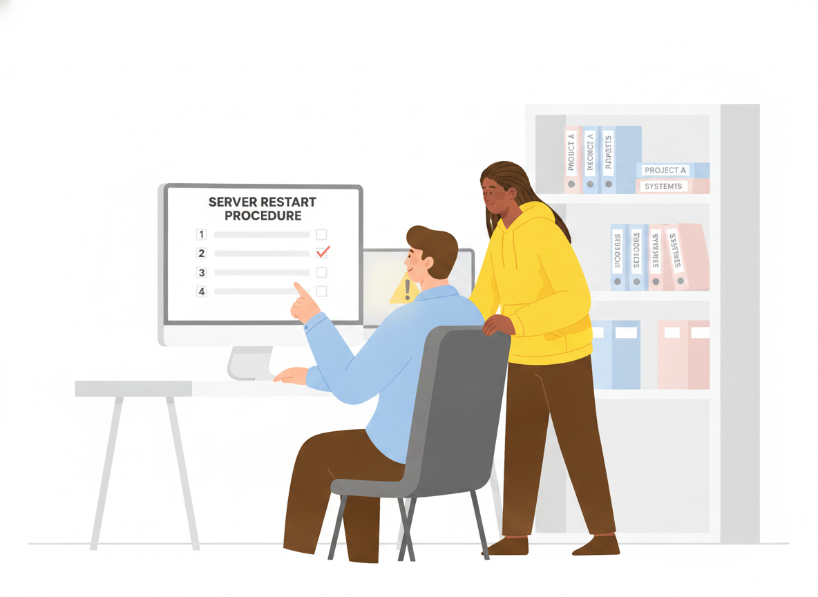A person at a desk following a numbered server restart checklist on screen while a calm teammate points to the next step, with organized labeled binders on a shelf behind them