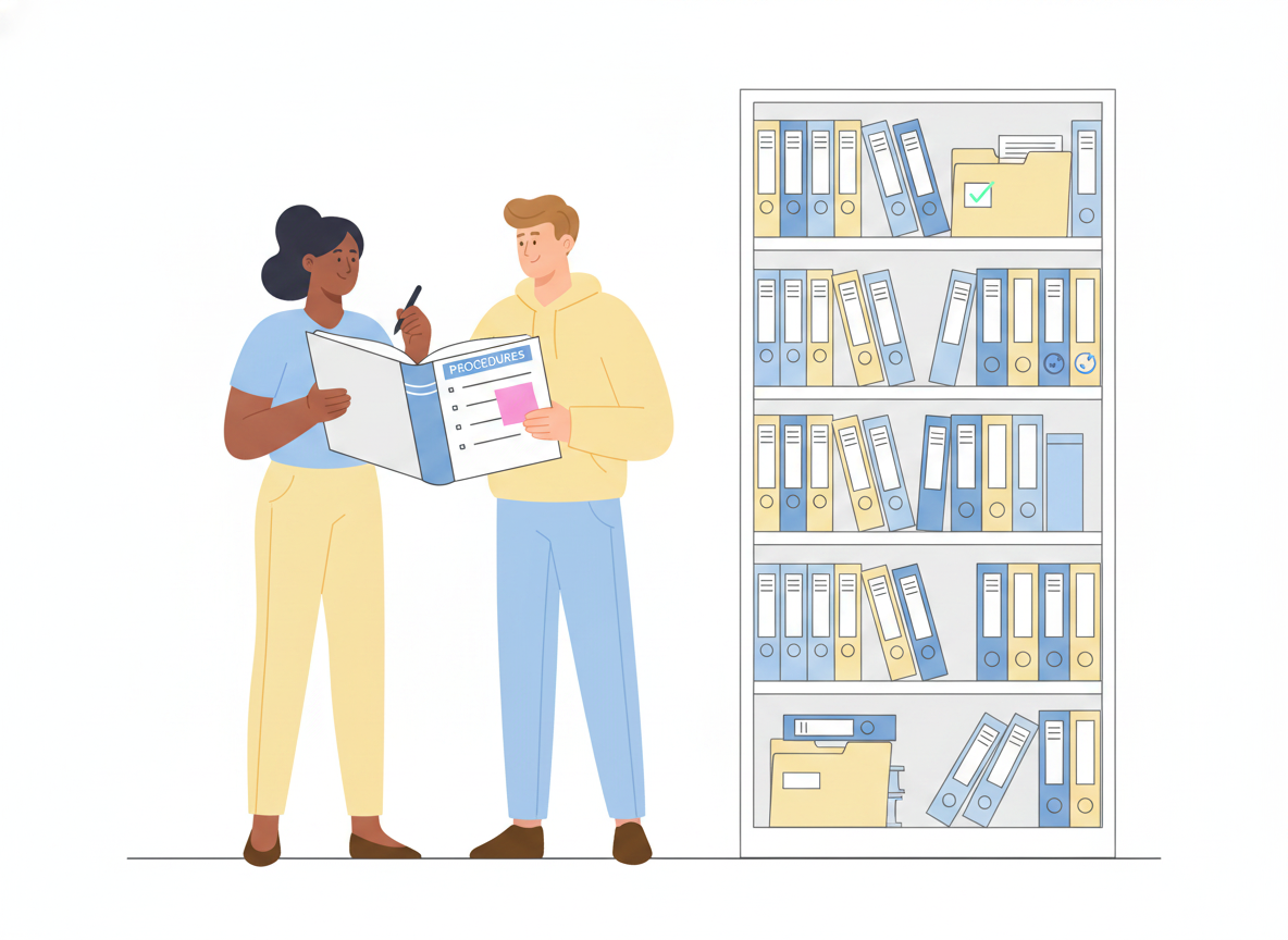 Two coworkers updating a shared documentation binder together in front of a tall shelf of neatly organized matching manuals and folders