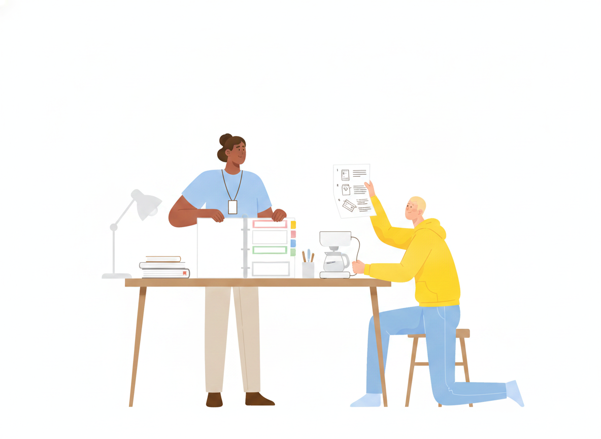 A technical writer at a desk drafting a user manual while a colleague follows the printed steps to set up a product