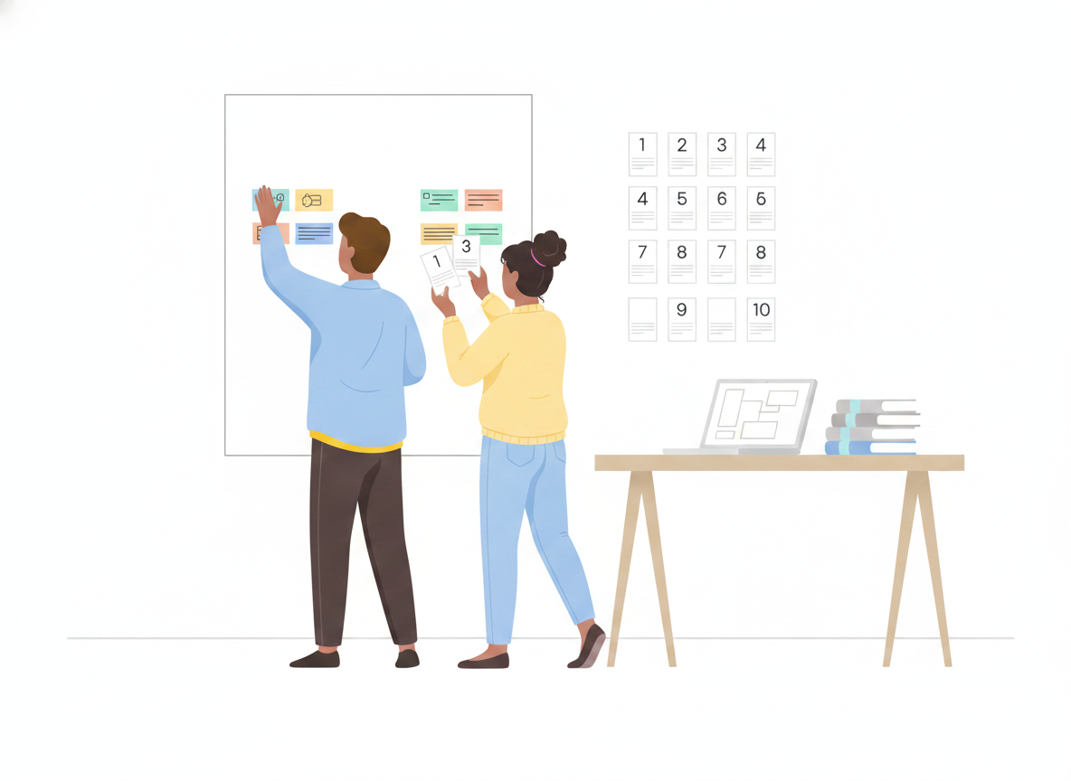 A technical writer and a product specialist organizing labeled tabs and numbered step cards on a wall to plan a user manual
