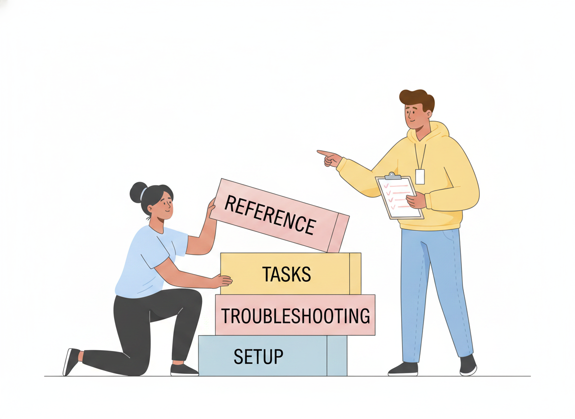 A person stacking labeled blocks for setup, troubleshooting, tasks, and reference while a colleague with a checklist points at the top