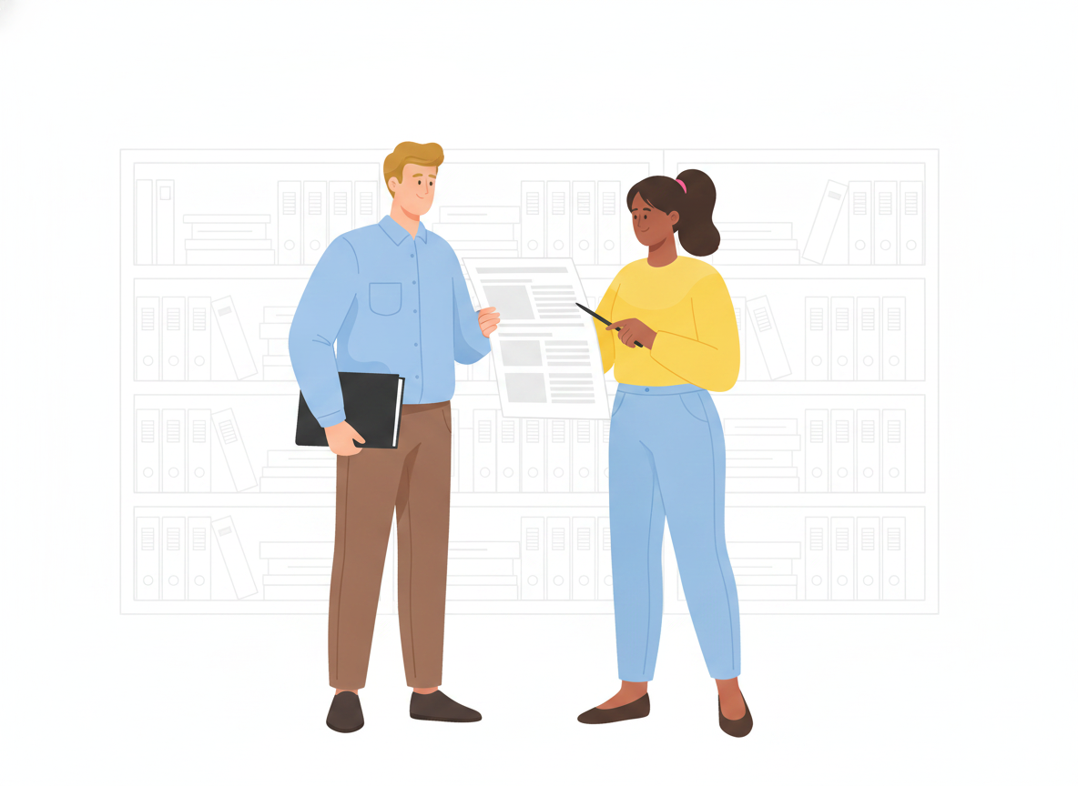 Two colleagues reviewing a documentation page broken into labeled sections — trigger, steps, verification, escalation — together