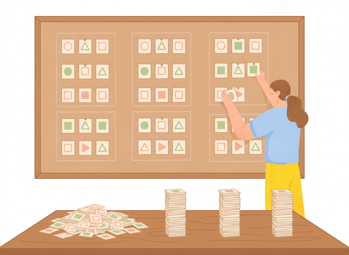 A person sorting labeled policy cards into clearly grouped stacks on a wall, turning a scattered pile into organized categories