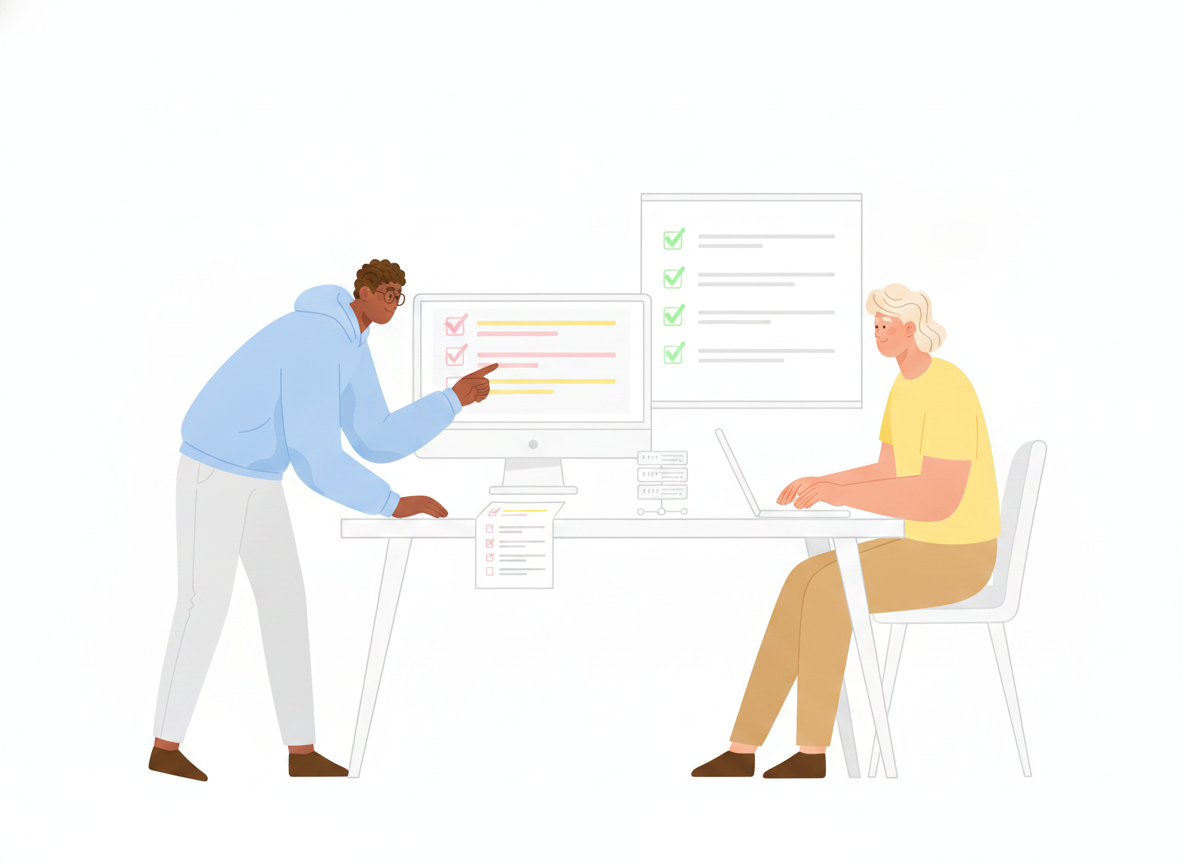 Two IT teammates at a desk following a step-by-step procedure while a screen shows a checklist of tasks