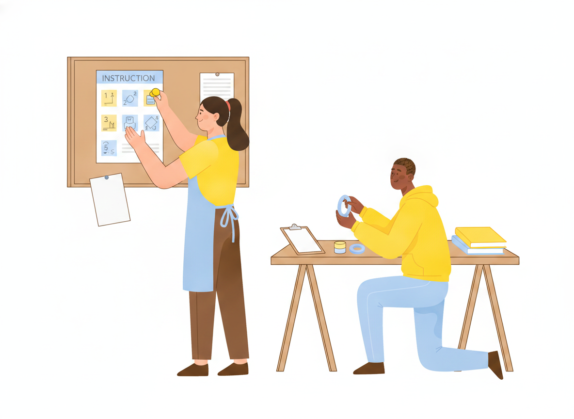 A small team gathered around a workbench, one person writing numbered steps on a large checklist while a colleague follows along with a tool in hand