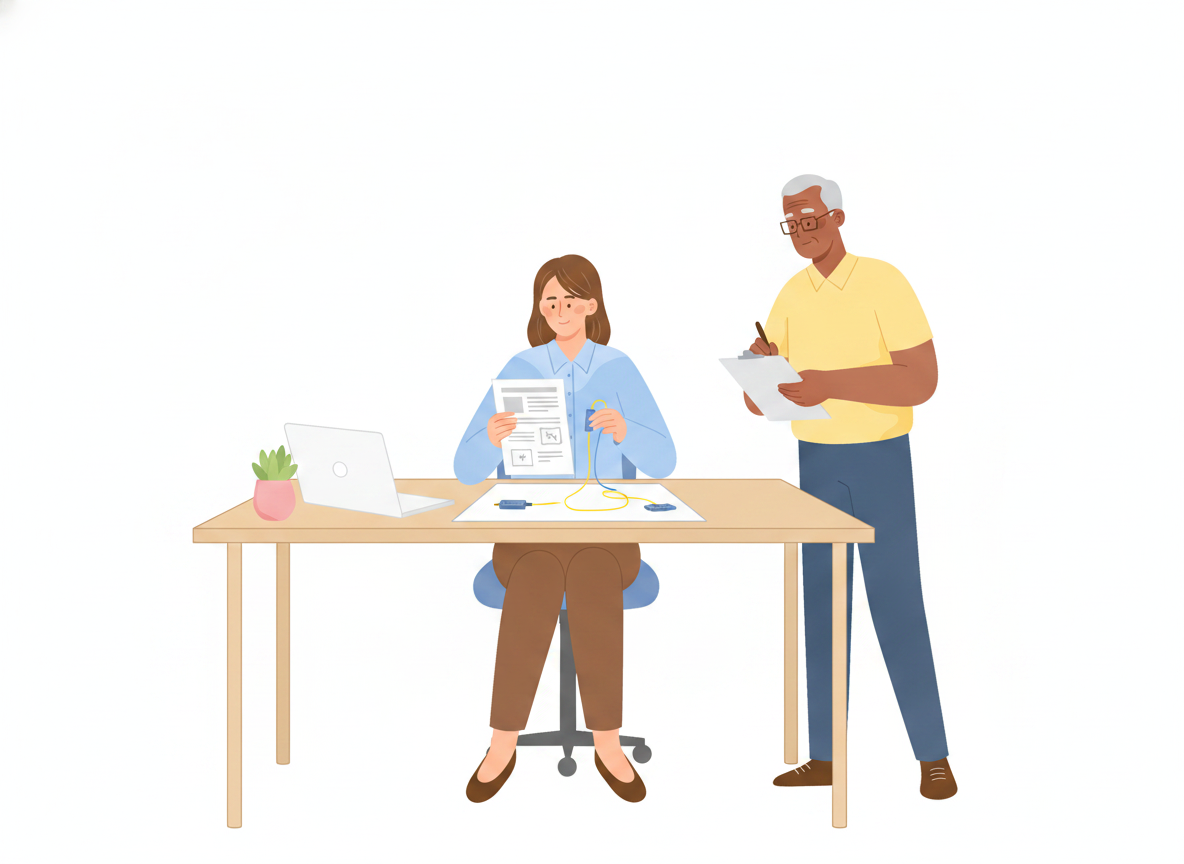 A new team member following a printed procedure step by step while a reviewer observes and takes notes nearby