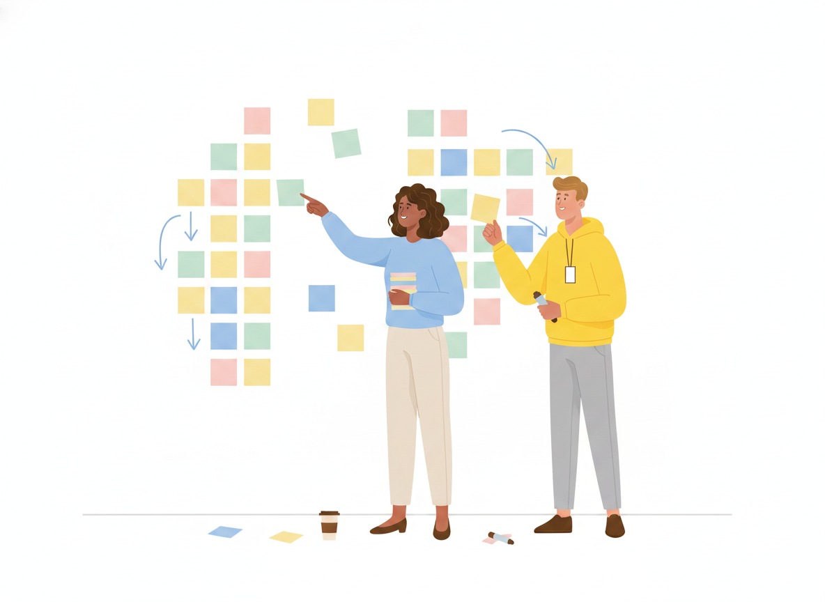 Two coworkers mapping a workflow with sticky notes and arrows on a wall, turning a messy process into ordered steps