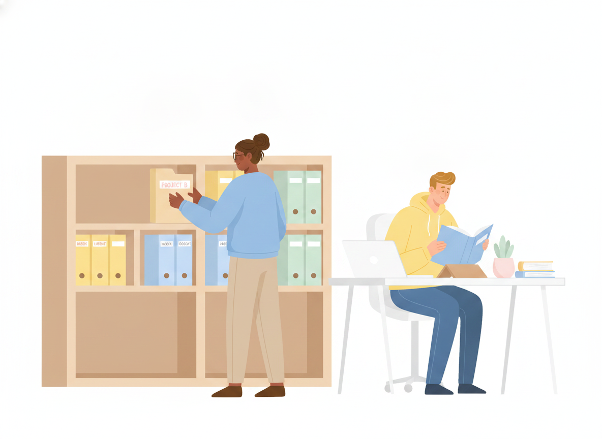A person arranging labeled folders into clear sections on a shelf while a colleague reads an open manual at a desk