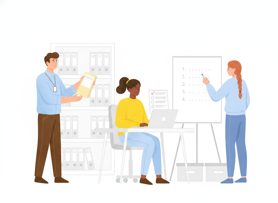 A small IT team gathered around a shelf of labeled binders, one person updating a checklist on a whiteboard while a colleague follows a step-by-step guide on a laptop