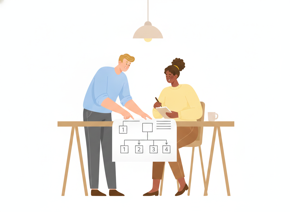 A flat-style illustration of two people reviewing a single runbook document together as it branches into clear, numbered steps