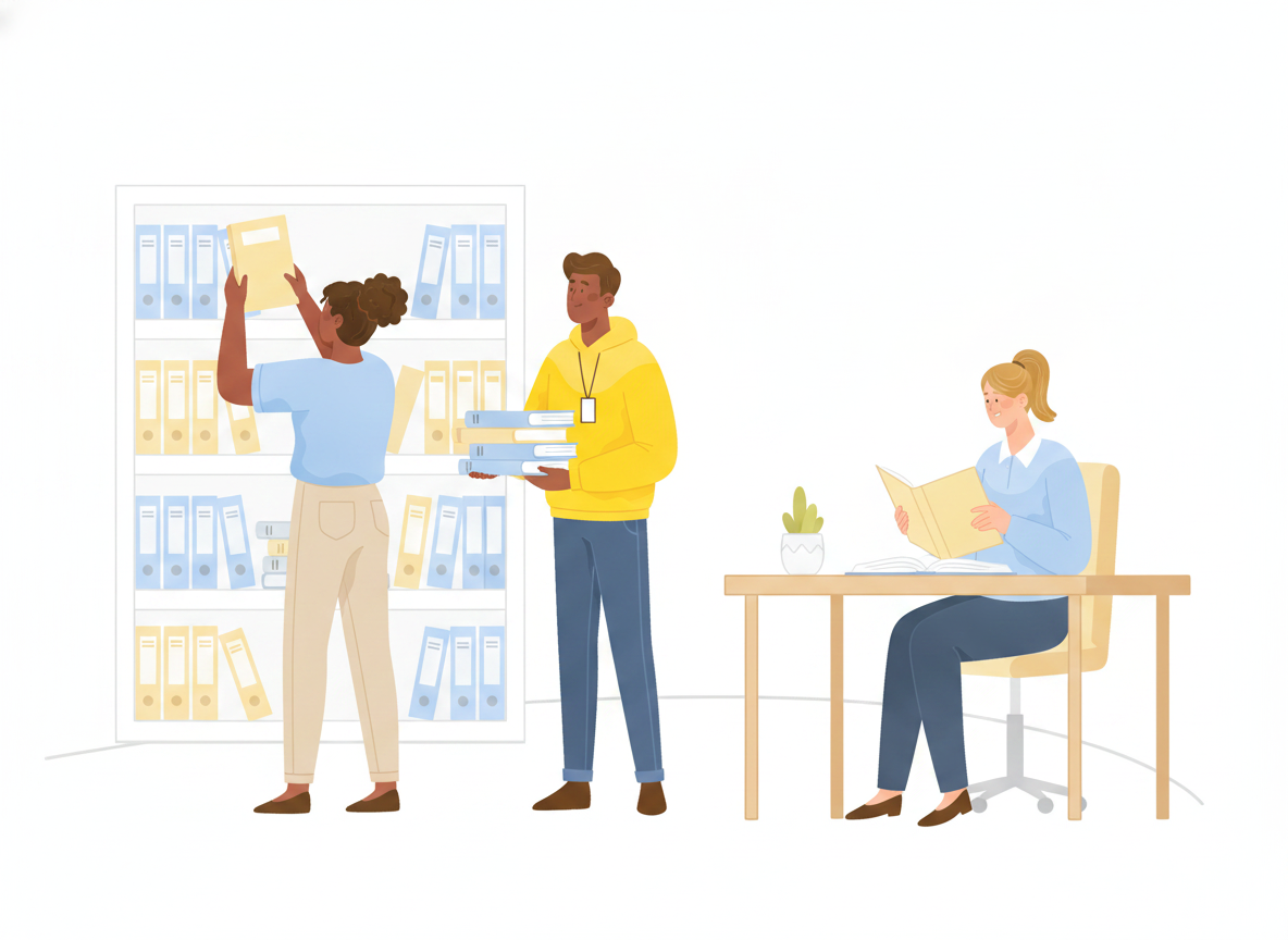 Flat-vector illustration of two coworkers organizing labeled folders and manuals on a shelf while a third reads a document at a desk