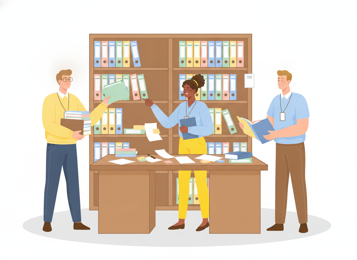 A team gathering scattered notes, folders, and sticky notes into one organized shelf of labeled binders