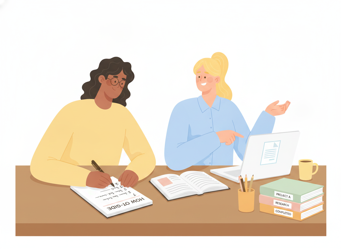 One person writing a clear how-to guide at a desk while a colleague finds the answer on a laptop