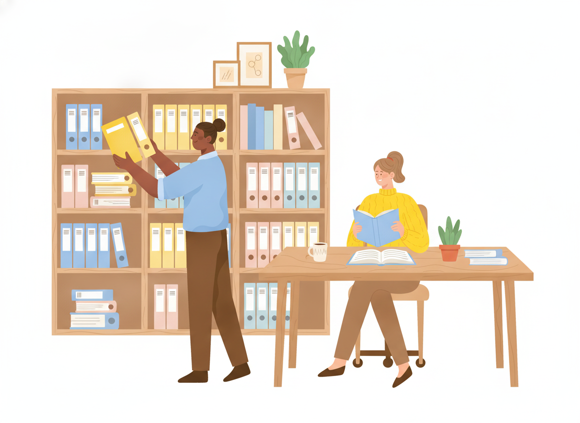 A person organizing labeled folders on a wall of open shelves while a colleague reads an open manual at a shared table