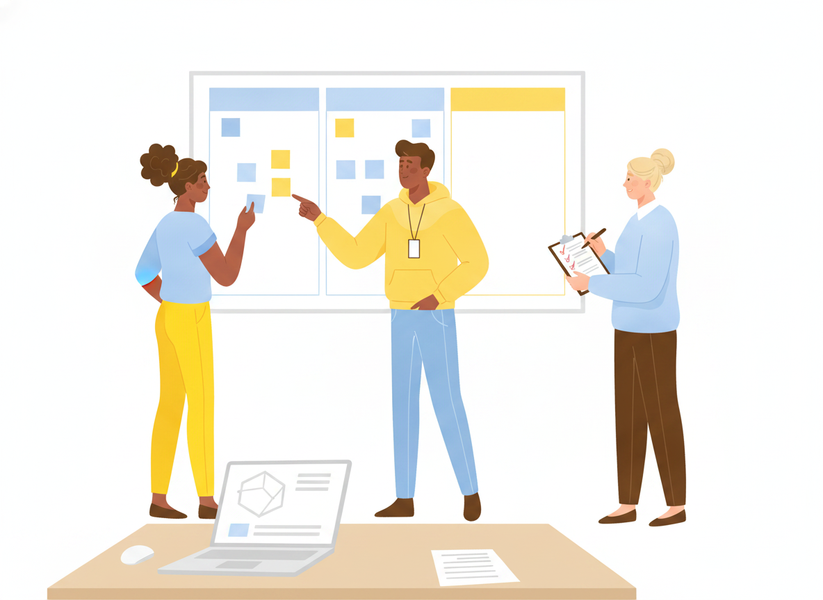 Two teammates at a whiteboard mapping cards into labeled columns while a third checks items off a printed checklist