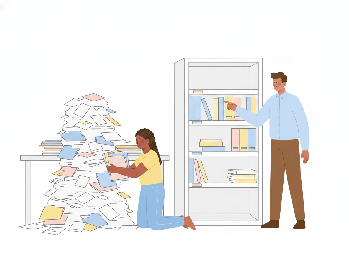 A person sorting a tall pile of loose documents and folders into a single tidy bookshelf with clearly labeled sections while a coworker points at a category label