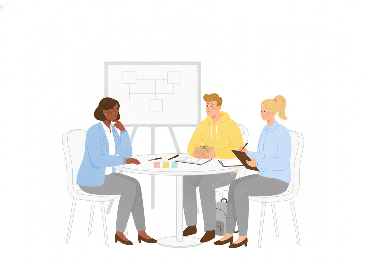 A manager, a departing employee, and a colleague taking notes on a clipboard sit at a round table with sticky notes, with a process diagram on a whiteboard behind them