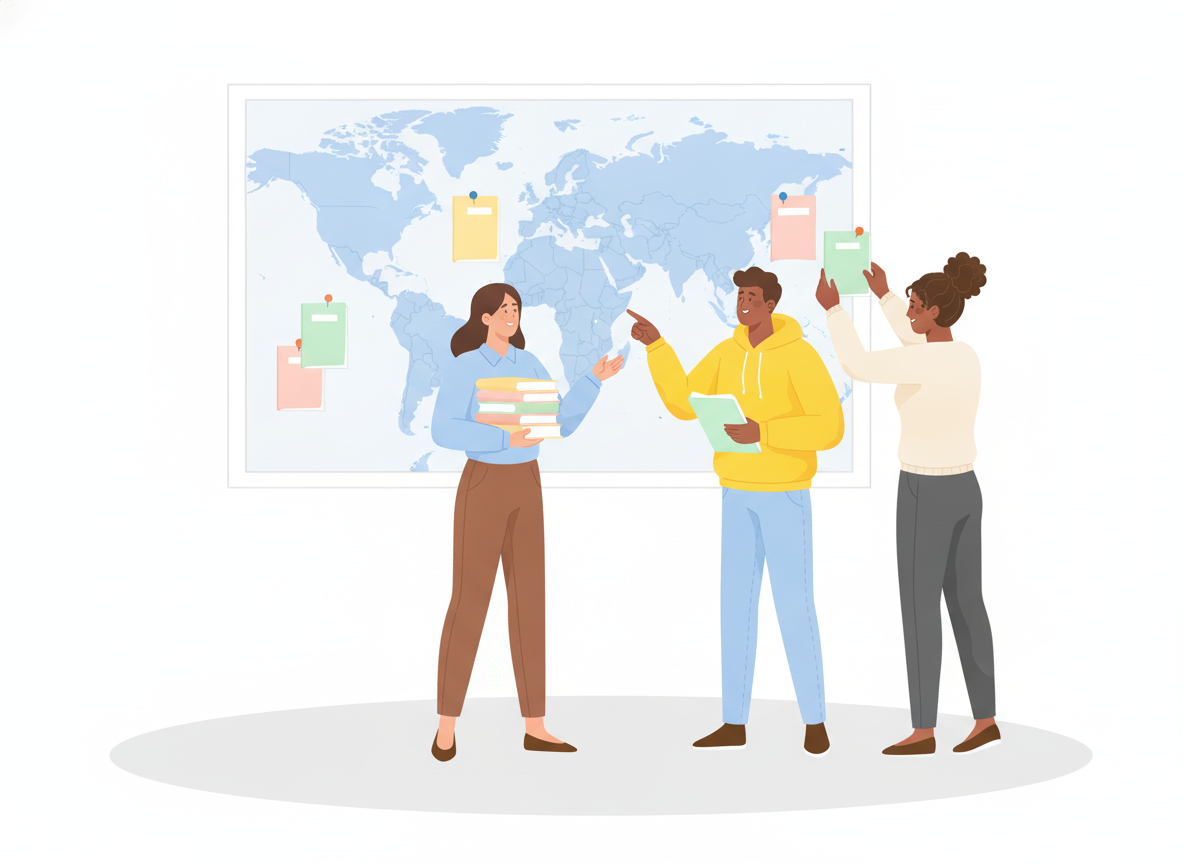 A documentation team gathered around a world map, pinning translated manuals to different countries