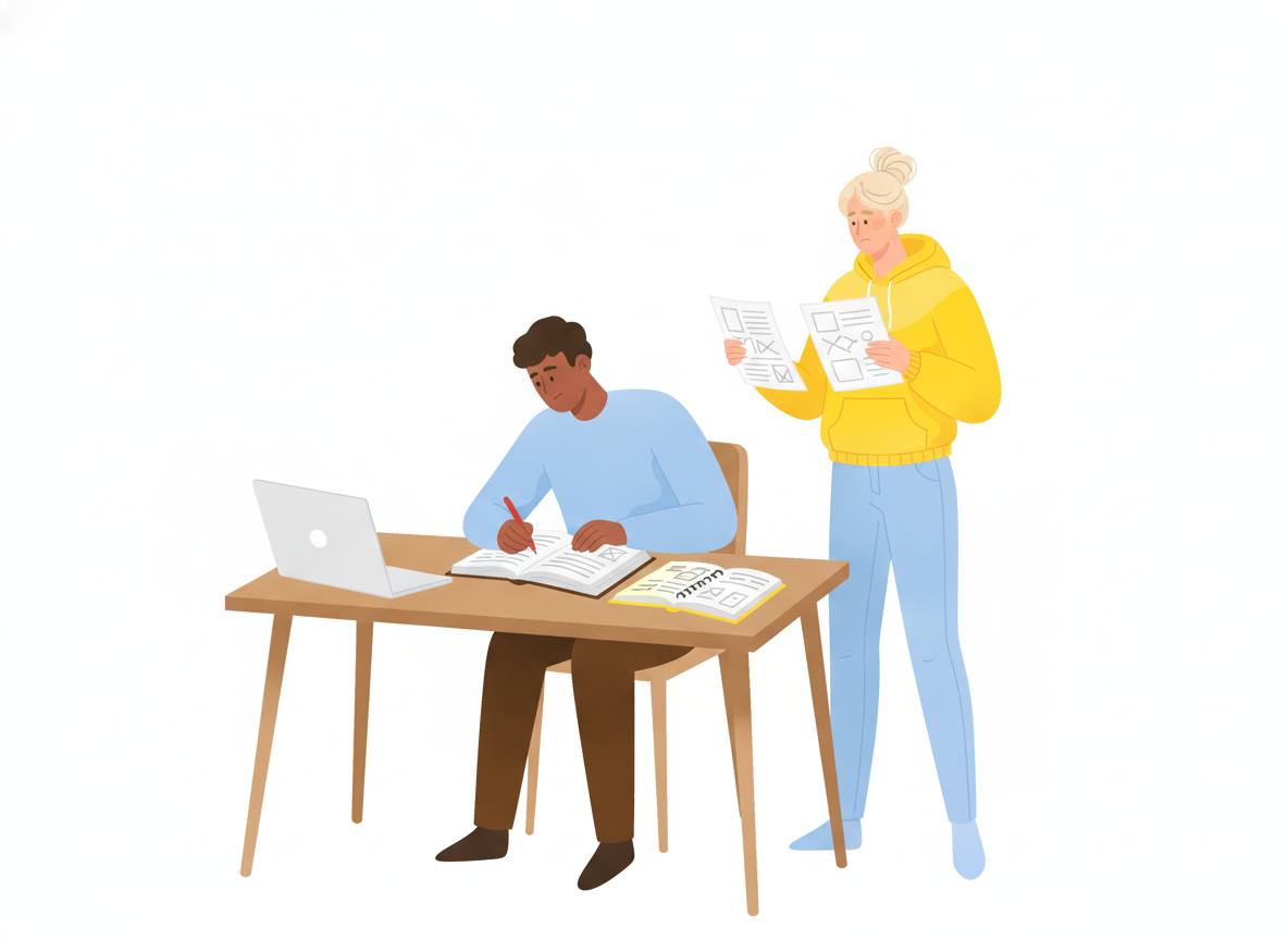 A technical writer marking up a printed manual at a desk while a colleague compares two translated pages side by side