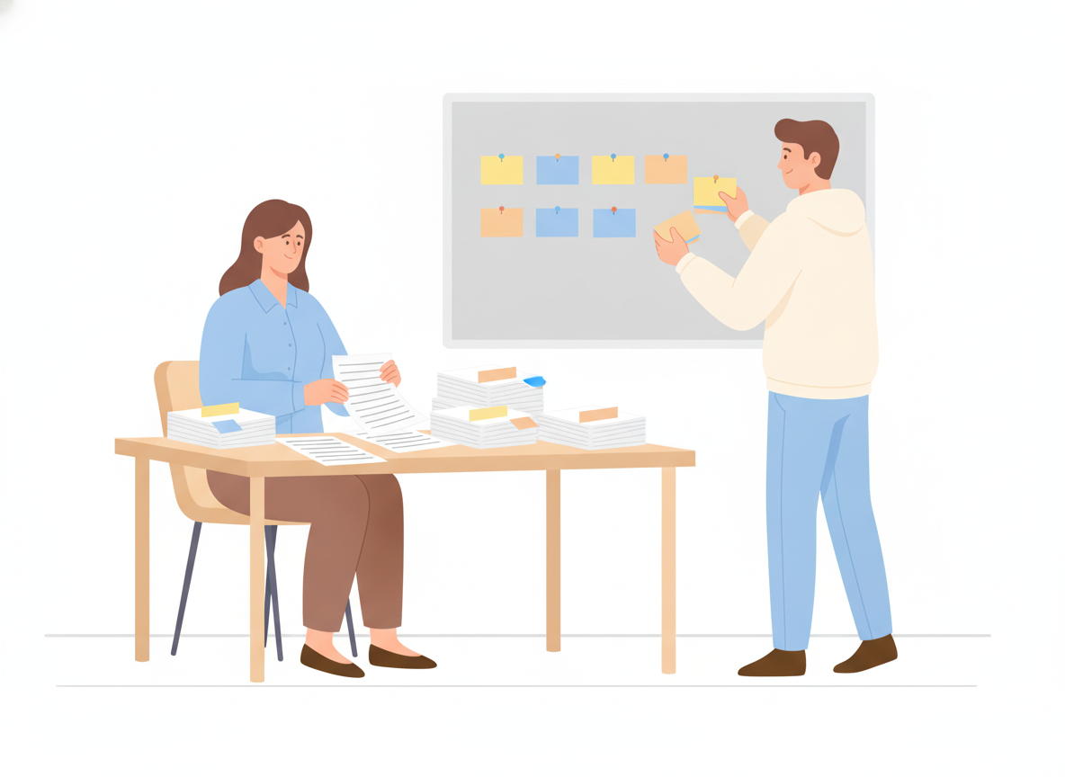 A technical writer sorting printed manual pages into small piles while a colleague pins matching cards in rows on a wall board