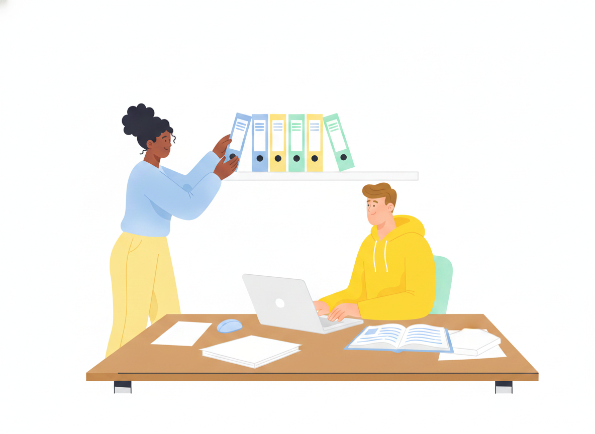 Two operations colleagues organizing labeled policy binders on a shelf while one reads a manual and the other types on a laptop