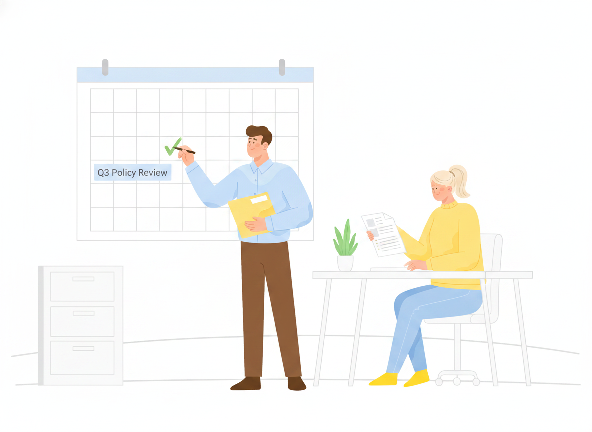 A person marking a checkmark next to a scheduled policy review date on a wall calendar while a colleague reviews a printed procedure