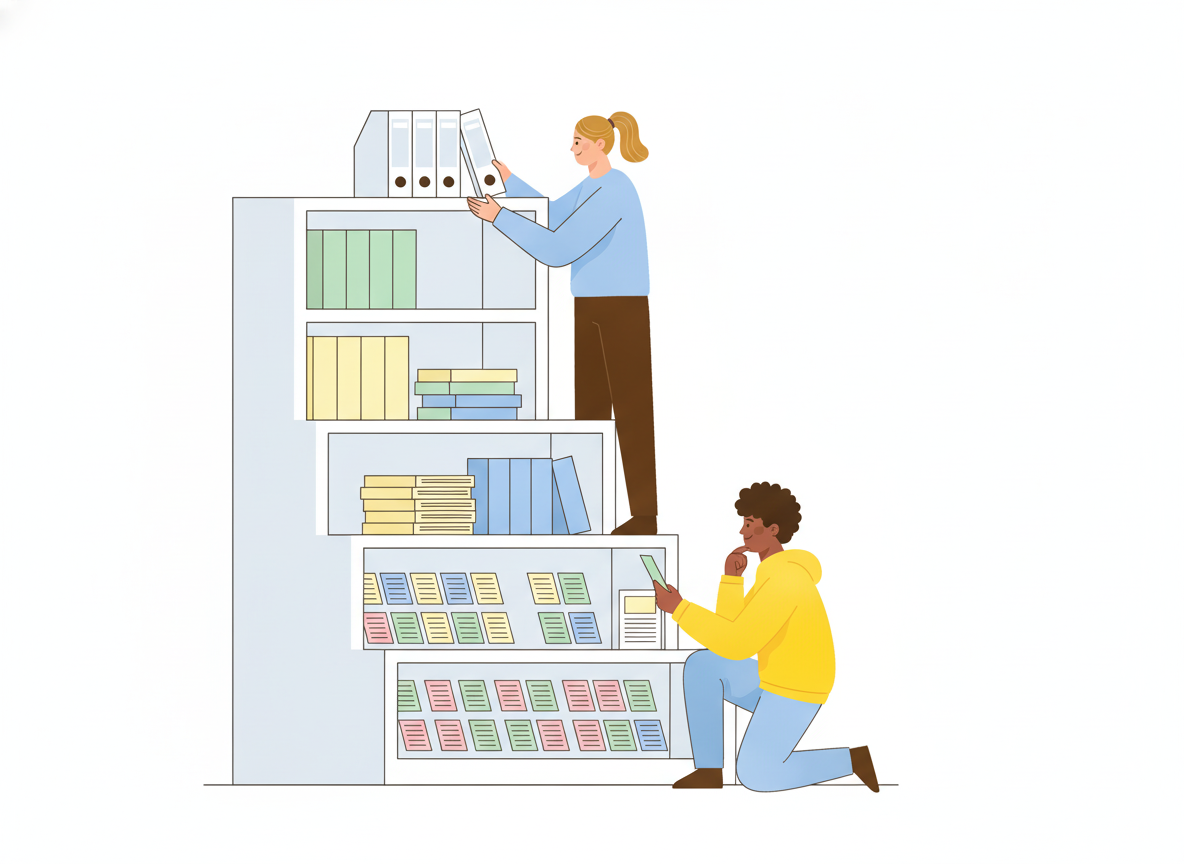 A team member arranging documents on stepped shelves from one large binder at the top to several small instruction cards at the bottom, while a coworker takes a card from the lowest shelf