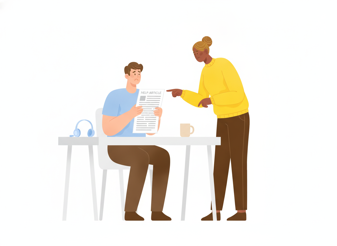 A support agent at a desk looking confused at a printed help article while a colleague standing beside them points at the page