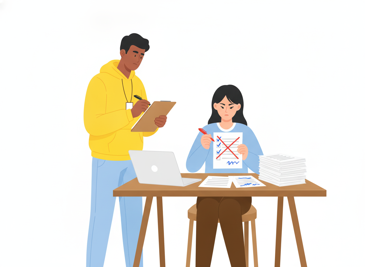 A technical writer at a table crossing out a printed draft with a red pen while a teammate standing beside her takes notes on a clipboard