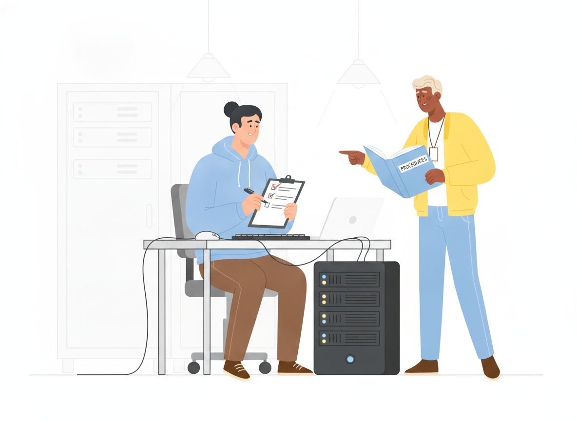 On-call IT engineer calmly following a numbered step-by-step checklist to restart a server at night while a teammate points to a labeled binder of procedures