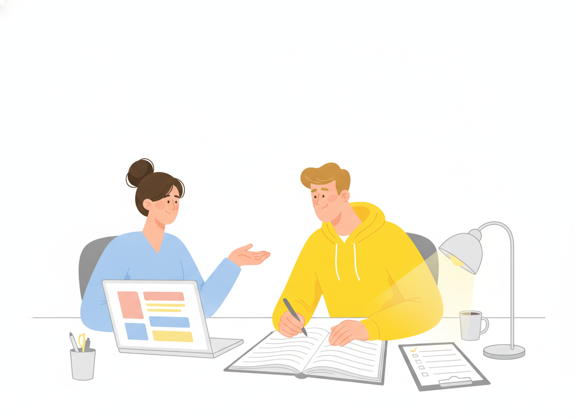Two colleagues sit at a desk while one explains a task shown on her laptop and the other writes each step in a notebook