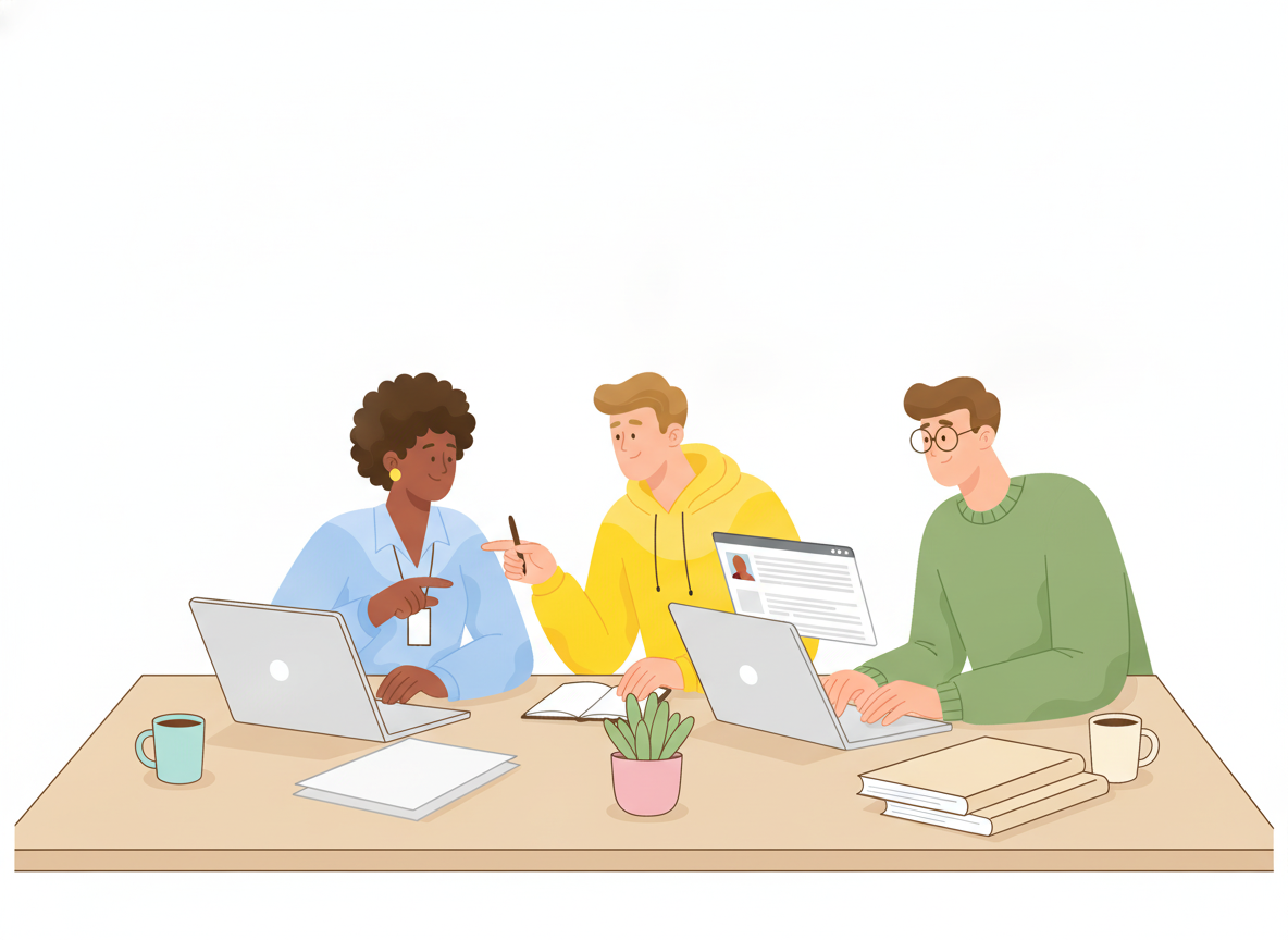 A senior support agent explains a tricky fix to a new colleague while a third teammate writes notes into a shared document