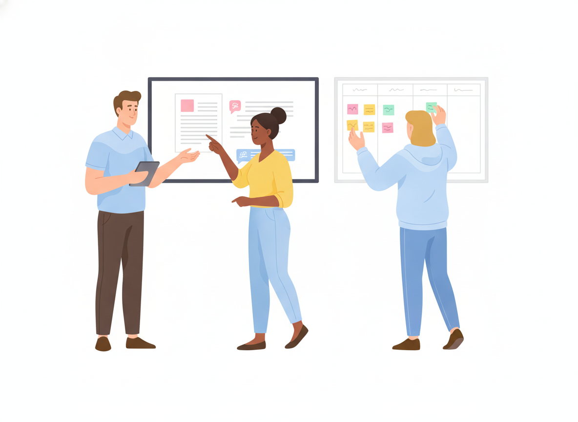 Two colleagues reviewing a document on a large screen while a third person sticks colored notes onto a board with four columns