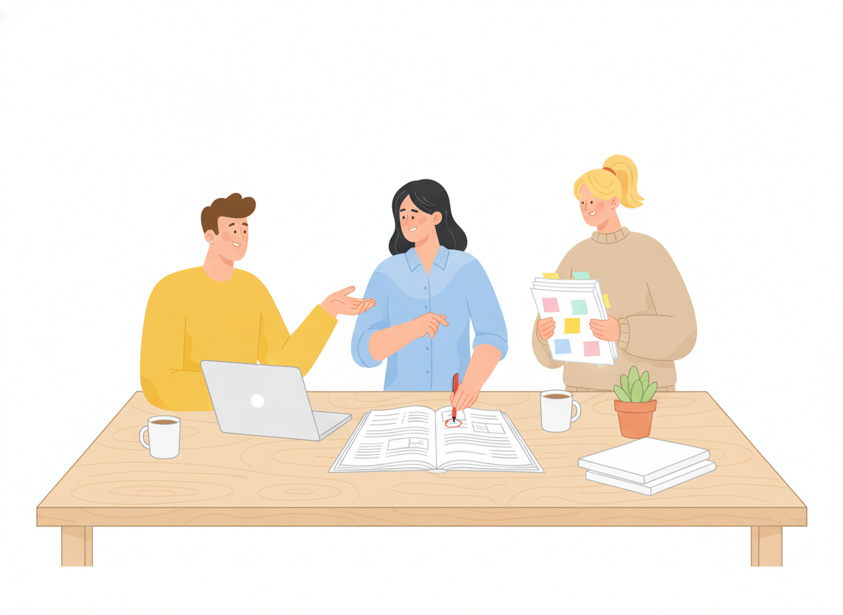 A documentation team editing a printed manual together at a table, one person marking pages with a pen while a colleague checks a laptop